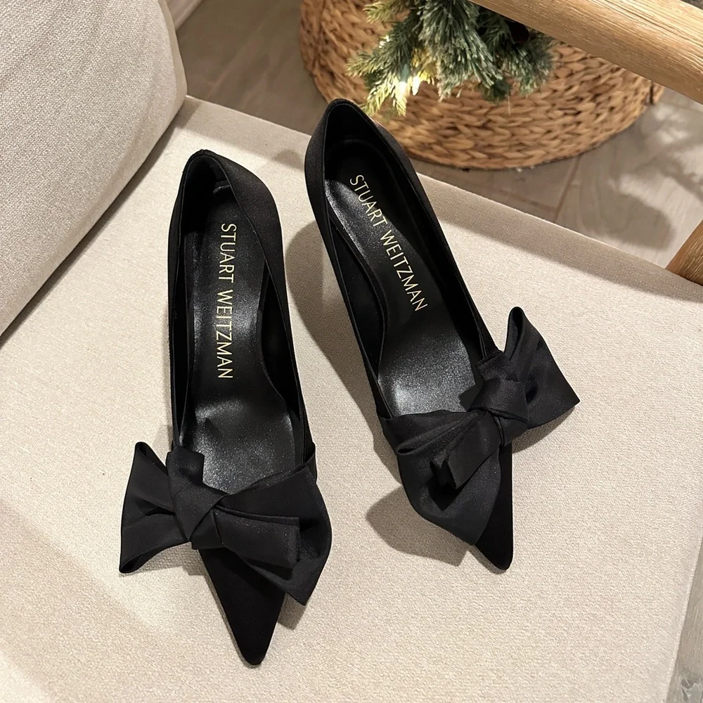 NEW Stuart Weitzman Loveknot Black Satin Bow Heels - Picture 3 of 14